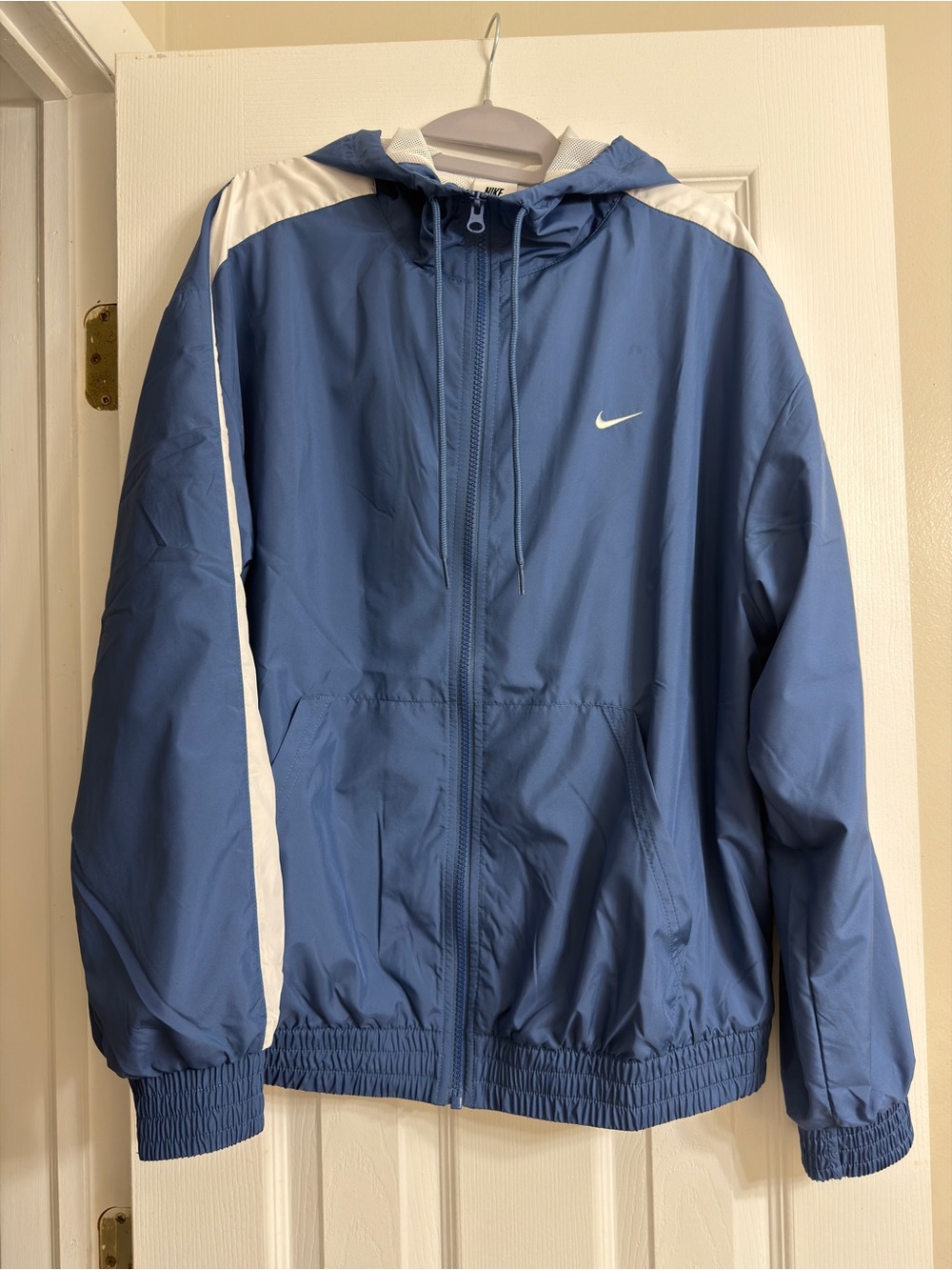 Nike Blue Hooded Windbreaker Jacket with White Trim